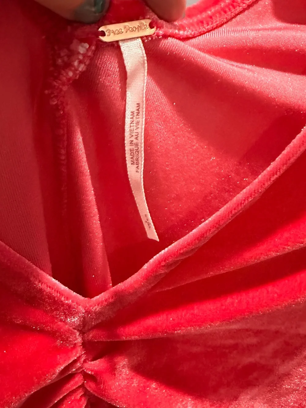 Free People Red Velvet V-Neck Ruched Puff Sleeve Top